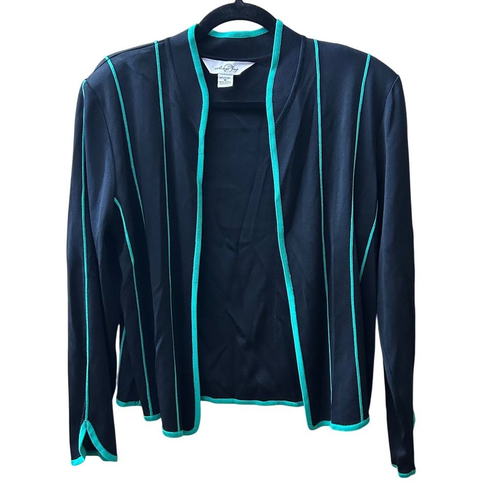 Ming Wang Black‎ Teal Trim Knit Open Front Cardigan Jacket Sz M